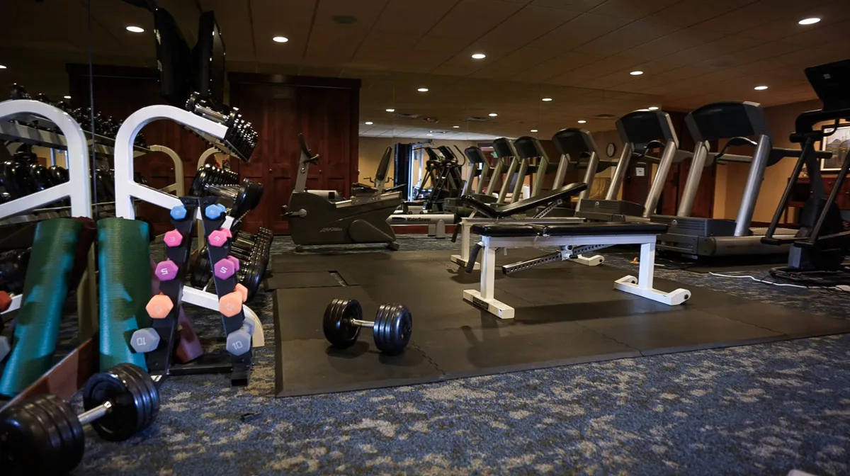 A modern fitness center filled with dumbbells, treadmills, a weight bench, and exercise mats is depicted. The well-equipped space is bright and motivating, with areas for both solo and group workouts.